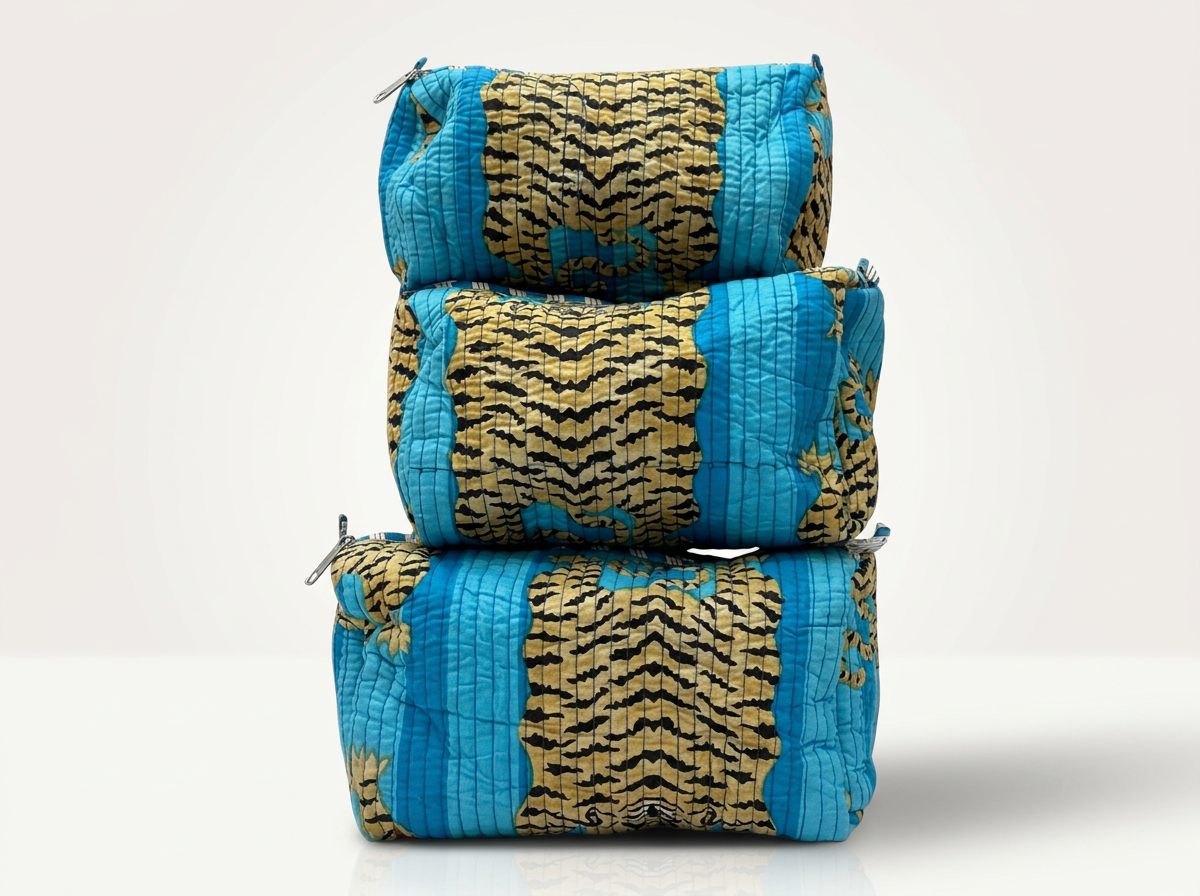 Qrubiss block print pouch set in the atelier
