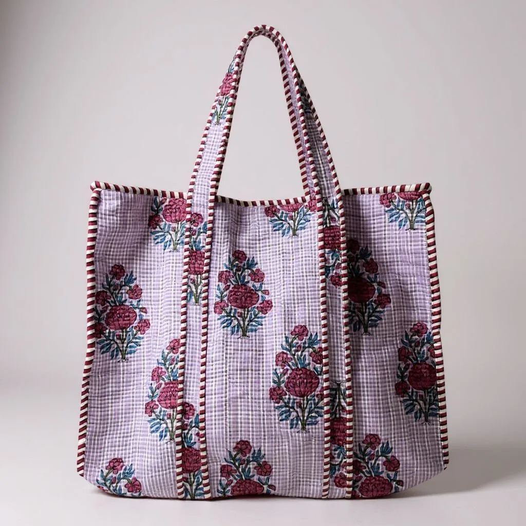 Lilac gingham floral hand block printed quilted cotton tote
