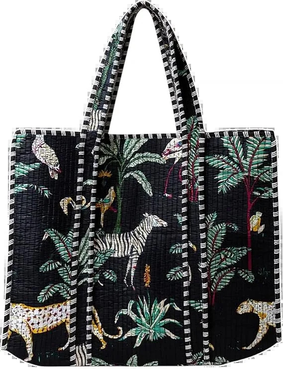 Jungle Safari Print Quilted Cotton Tote Bag by Qrubiss, hand block printed cotton