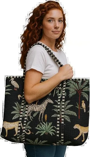 jungle safari print quilted cotton tote bag detail view 3