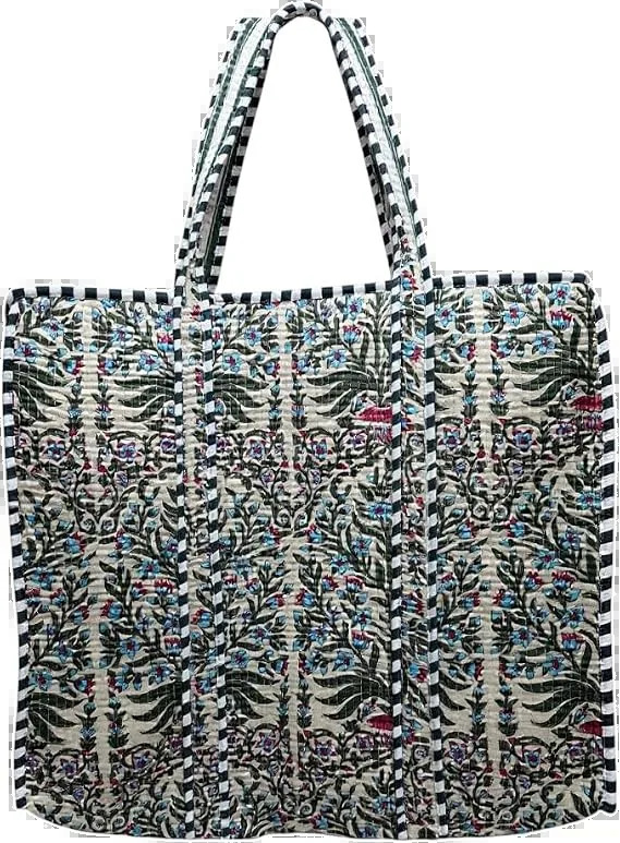 Botanical Maze Quilted Cotton Tote Bag by Qrubiss, hand block printed cotton