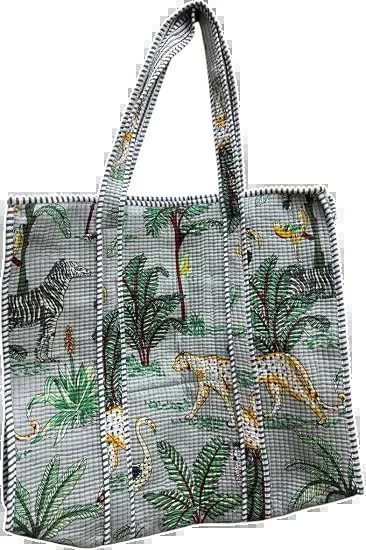 natural bloom quilted cotton tote bag, hand block printed cotton by Qrubiss