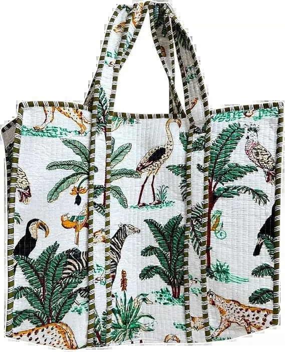 midnight bloom quilted cotton tote bag, hand block printed cotton by Qrubiss