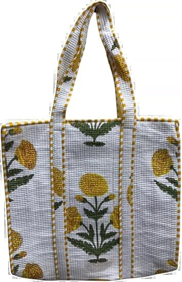 midnight bloom plus quilted cotton carry tote, hand block printed cotton by Qrubiss