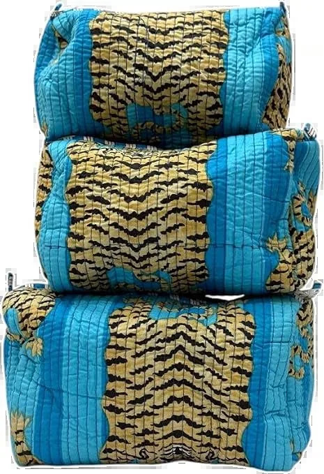 tig blue block print toiletry pouch set (set of 3), hand block printed cotton by Qrubiss