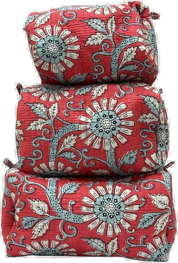 floral red block print toiletry pouch set (set of 3), hand block printed cotton by Qrubiss