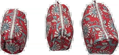 floral red block print toiletry pouch set (set of 3) detail view 2