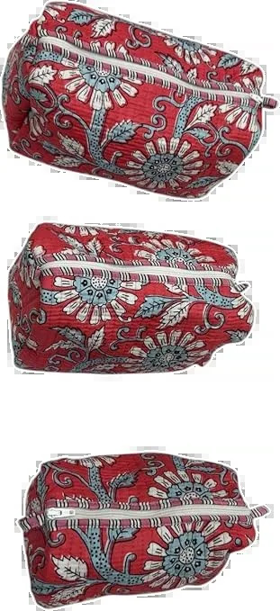floral red block print toiletry pouch set (set of 3) detail view 3