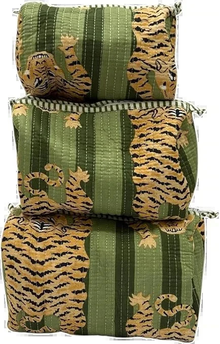 green tiger block print pouch set (set of 3), hand block printed cotton by Qrubiss