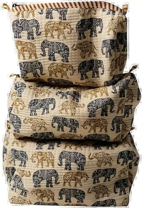 blue animal block print pouch set (set of 3), hand block printed cotton by Qrubiss